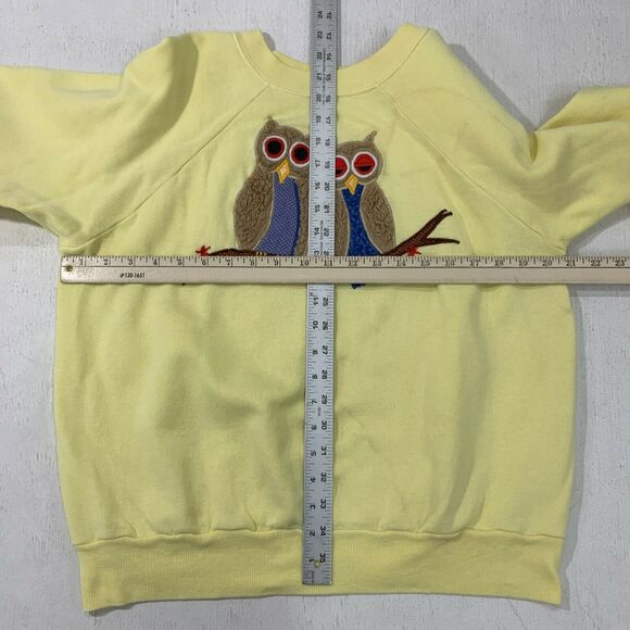 Vintage Owl Chenille Sweater Size L Yellow Long Sleeve Fleece Pullover 80s *READ - Picture 6 of 11